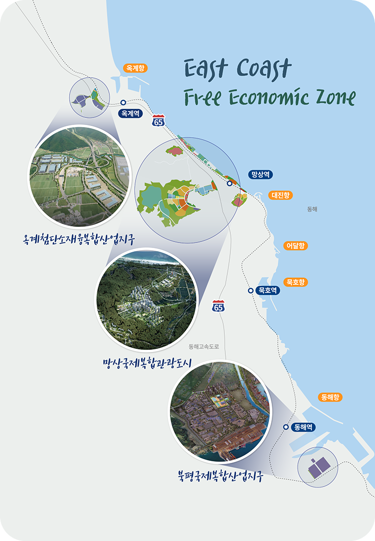 East Coast Free Economic Zone. 옥계첨단소재융복합산업지구, 망상국제복합관광도시, 북평국제복합산업지구